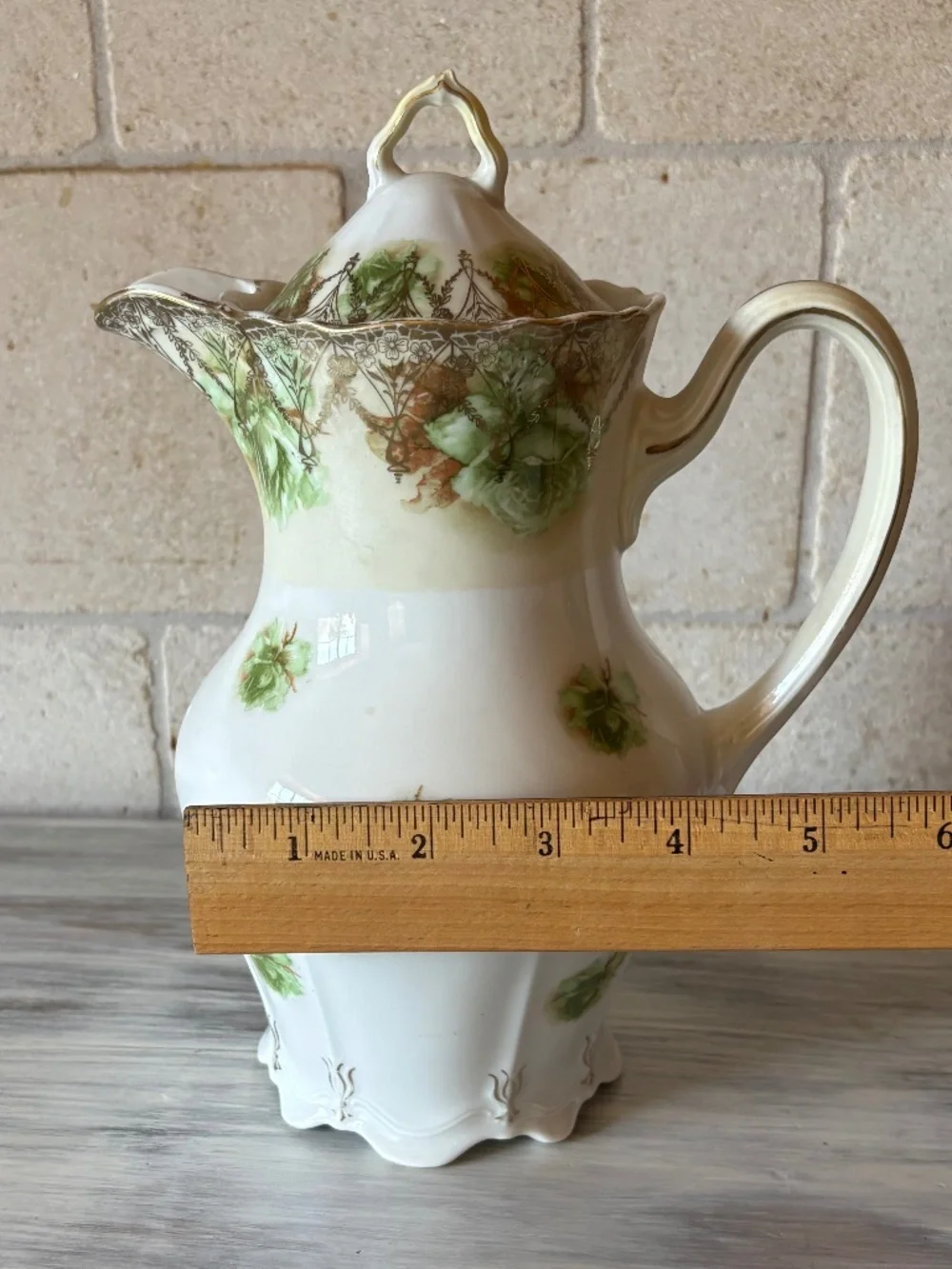 Antique Chocolate Pot Green Floral Gold Trim